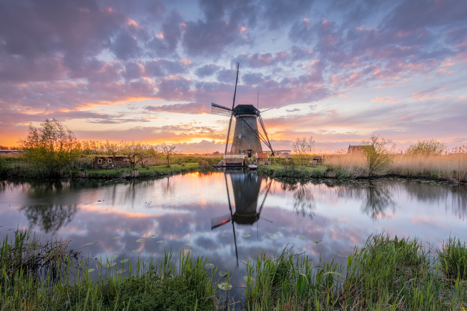 Golden mill is gefotografeerd bij de Kinderdijkse molen. De zon ging erg mooi onder, waardoor de wolken en landschap mooi kleurden. Een fraai moment om op Unesco Werelderfgoed Kinderdijkse molens te fotograferen.