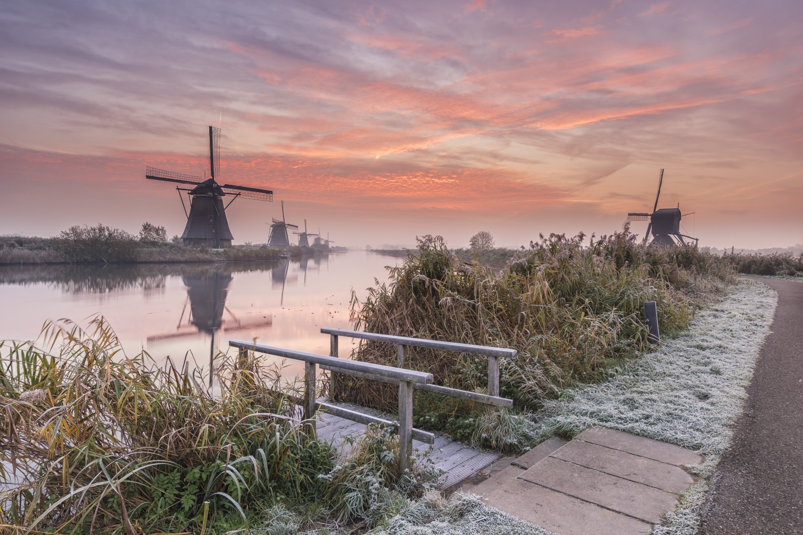 Begin november ben ik 's morgens naar Kinderdijk (Zuid-Holland, Nederland) gegaan. Er werd kans op mist opgegeven. In combinatie met vorst en een half bewolkte hemel moest dat goed komen. Helaas viel de mist tegen, maar de rest was toch best heel aardig! Een plek waar ik regel matig kom, maar toch niet verveeld! Heerlijk om te fotograferen van landschapsfotografie