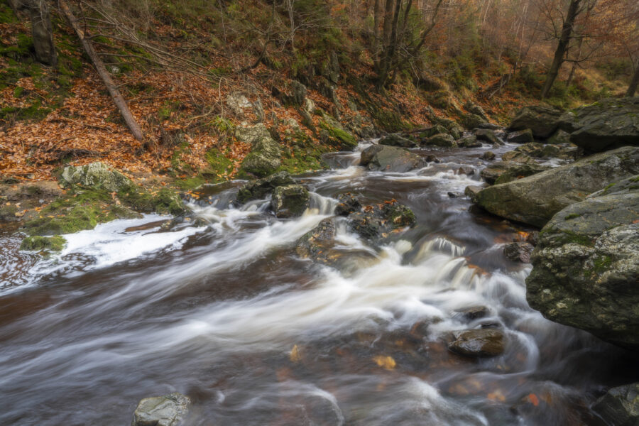 Deze foto is gemaakt bij Promenade de la Hoëgne (Jalhay, België). Een schitterend gebied, met stromend riviertje, keien, bomen en zeker in de herfst een schitterend plaatje. De kleuren zorgen voor een fijne herfstgevoel. Het riviertje stroomt langs allerlei 'wegen' naar beneden. Een schitterende plek voor landschapsfotografie