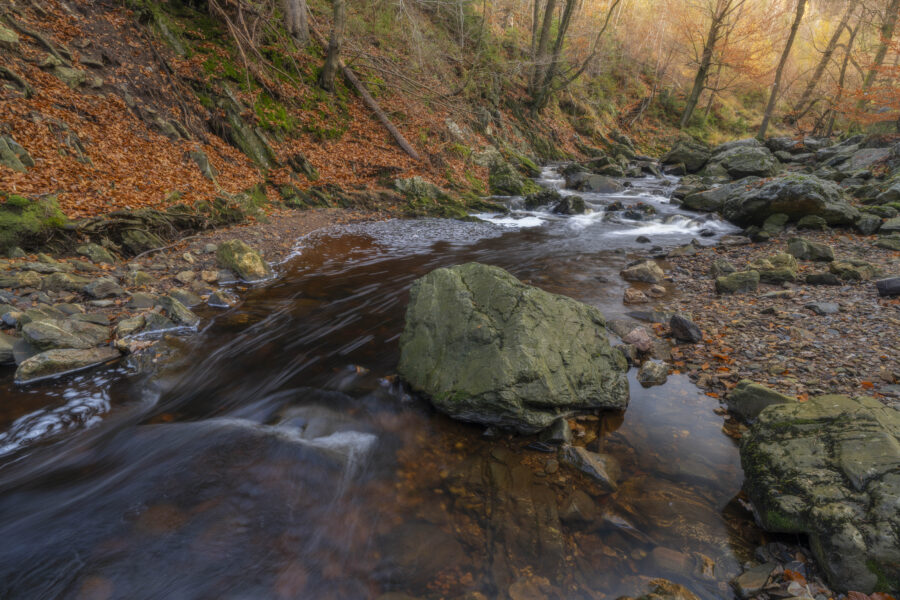 eze foto is gemaakt bij Promenade de la Hoëgne (Jalhay, België). Een schitterend gebied, met stromend riviertje, keien, bomen en zeker in de herfst een schitterend plaatje. De kleuren zorgen voor een fijne herfstgevoel. Het riviertje stroomt langs allerlei 'wegen' naar beneden. Een schitterende plek voor landschapsfotografie