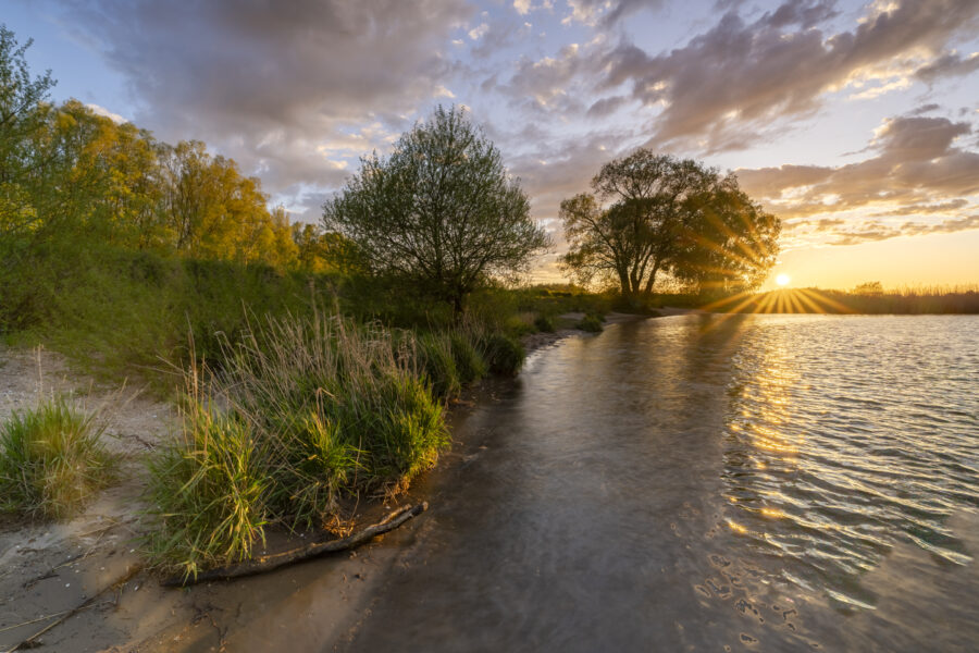 Een mooie zonsondergang aan de rivier nabij Woudrichem (Noord-Brabant, Nederland). Het zonlicht verspreidde haar gouden gloed over de natuur. Golfjes kabbelden aan de oever. Een heerlijk moment zo alleen in dit stukje landschap.